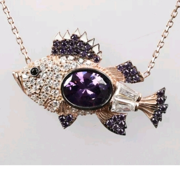 Amethyst & topaz sapphire baby fish gold necklace - Picture 3 of 4